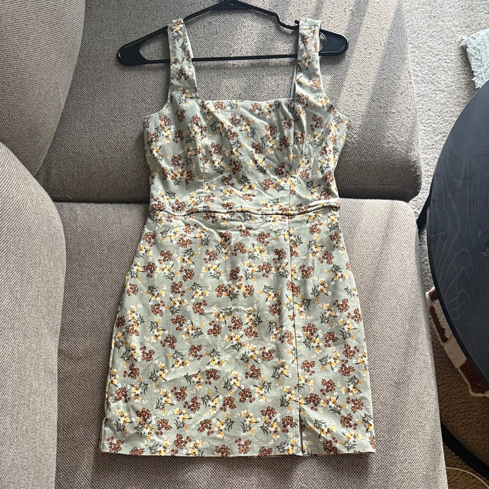 Trixxi Sage Green Floral Square-Neck Mini Dress
